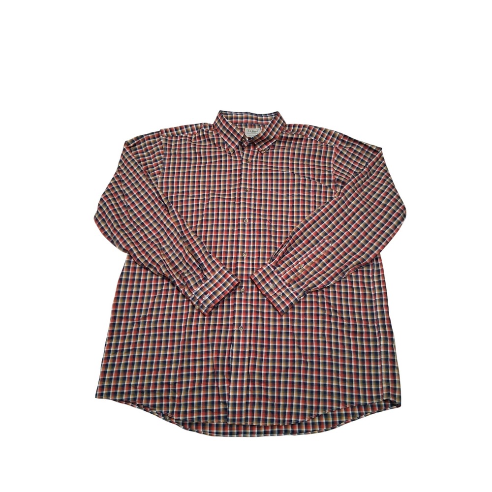 LL Bean Mens XL Traditional Fit Plaid Button Down Shirt Orange Navy 503307